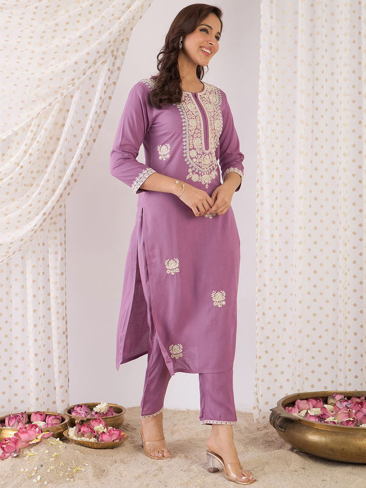 Indo Era Floral Embroidered Round Neck Straight Tunic With Trouser