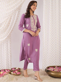 Indo Era Floral Embroidered Round Neck Straight Tunic With Trouser