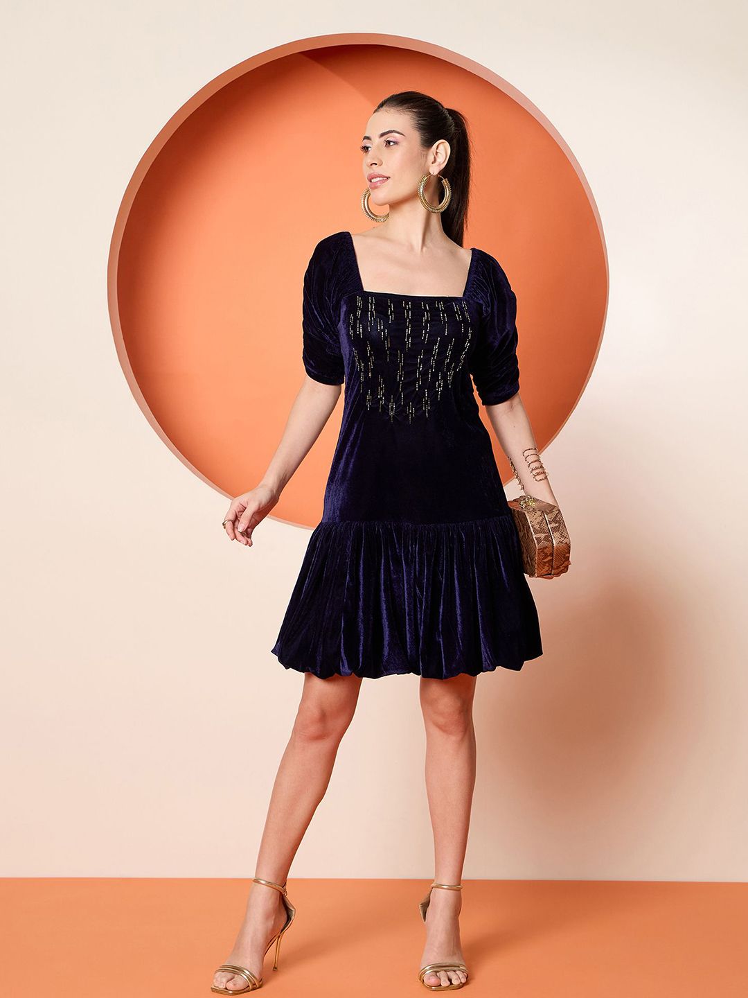 Antheaa Women Puff Sleeves Velvet Embellished A-Line Dress