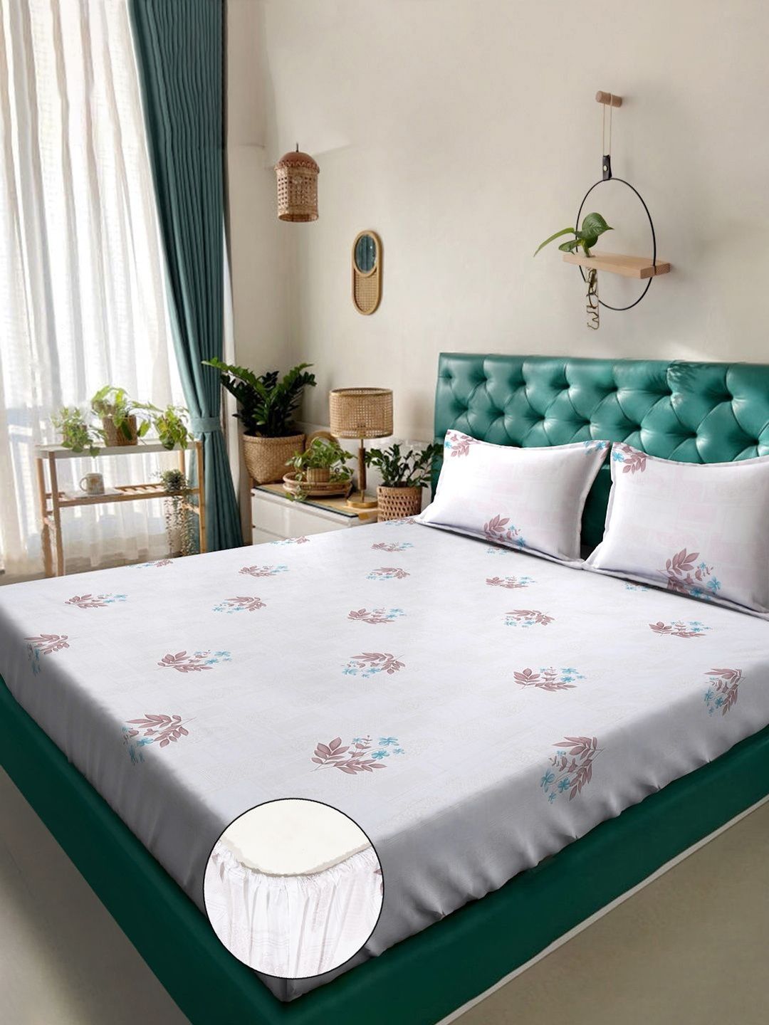 KLOTTHE White Floral Dilengkapi 400 TC Kapas Tulen Cadar Super King Dengan 2 Sarung Bantal