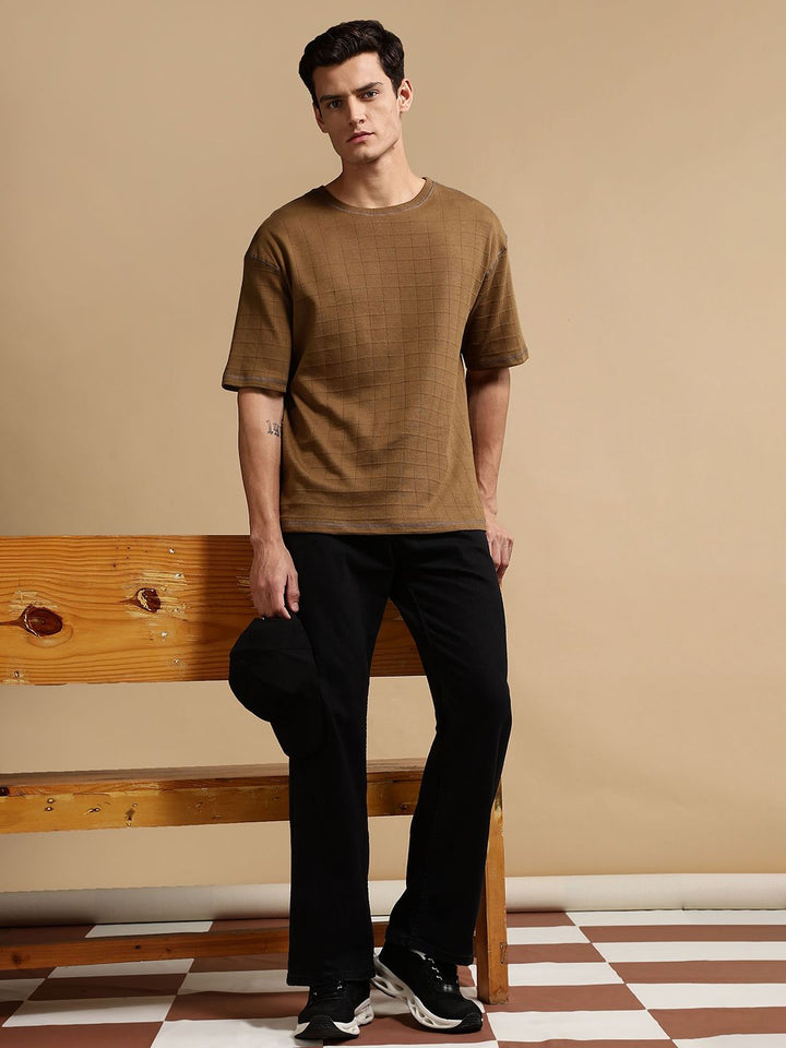 Eszett Men Checked Round Neck Oversized Cotton T-shirt