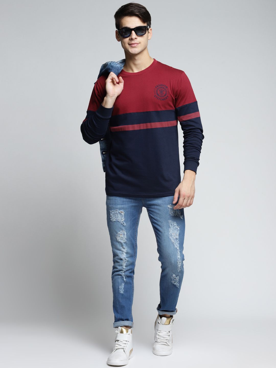 Difference of Opinion Men Maroon  Navy Blue Colourblocked Round Neck Pure Cotton T-shirt