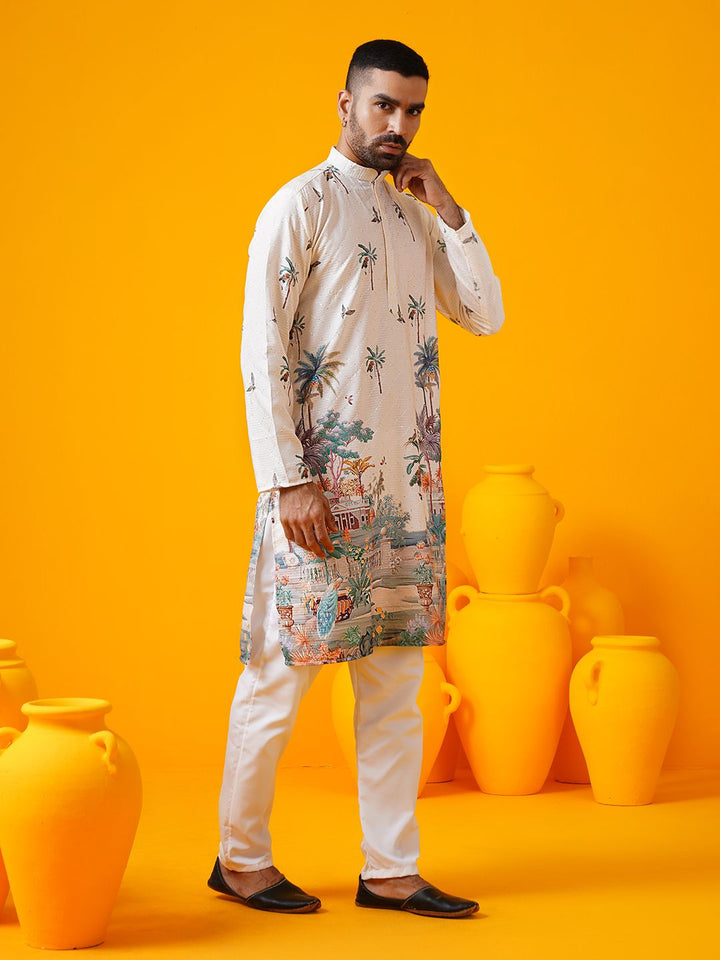 SOJANYA Men Floral Embroidered Regular Thread Work Pure Cotton Kurta with Pyjamas
