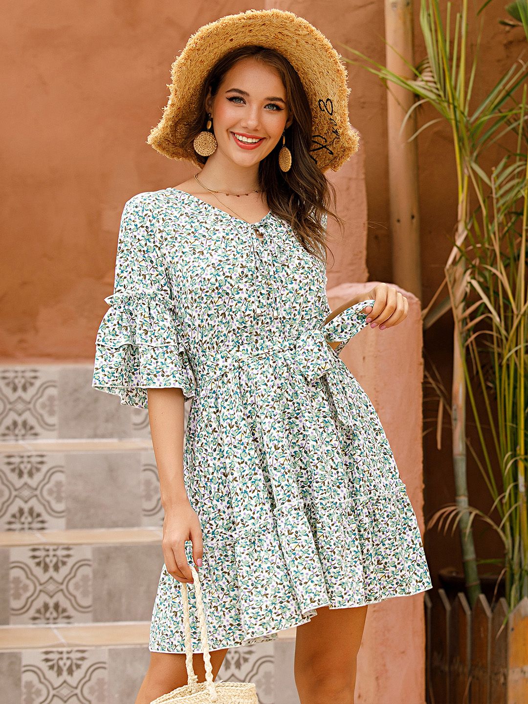 DressBerry Floral Print Tie-Up Neck Bell Sleeves Tiered A-Line Dress with Belt