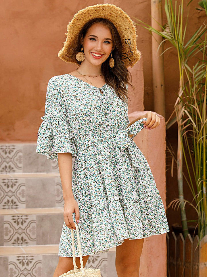 DressBerry Floral Print Tie-Up Neck Bell Sleeves Tiered A-Line Dress with Belt
