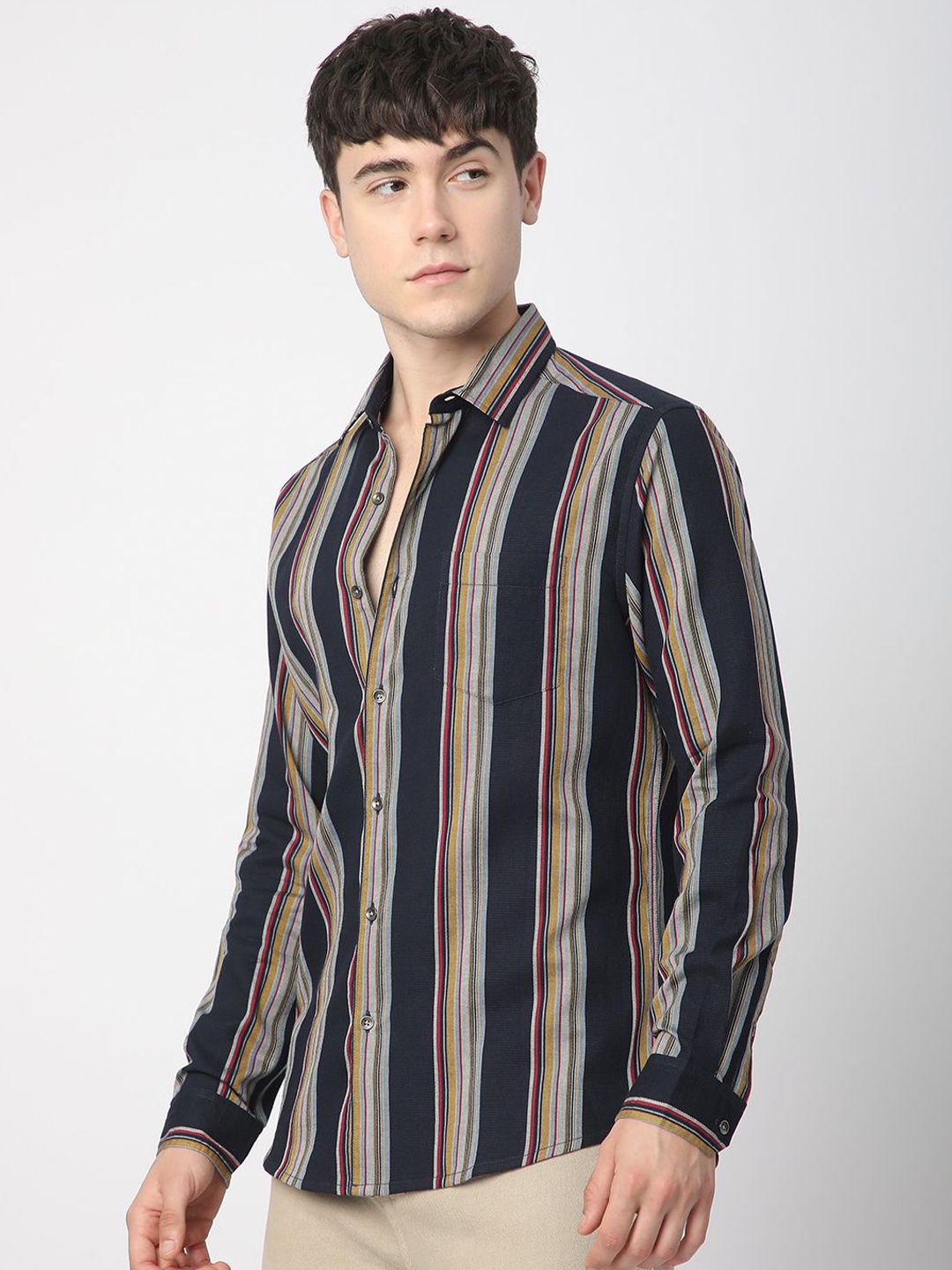 VASTRADO Men Classic Slim Fit Multi Stripes Opaque Striped Pure Cotton Casual Shirt