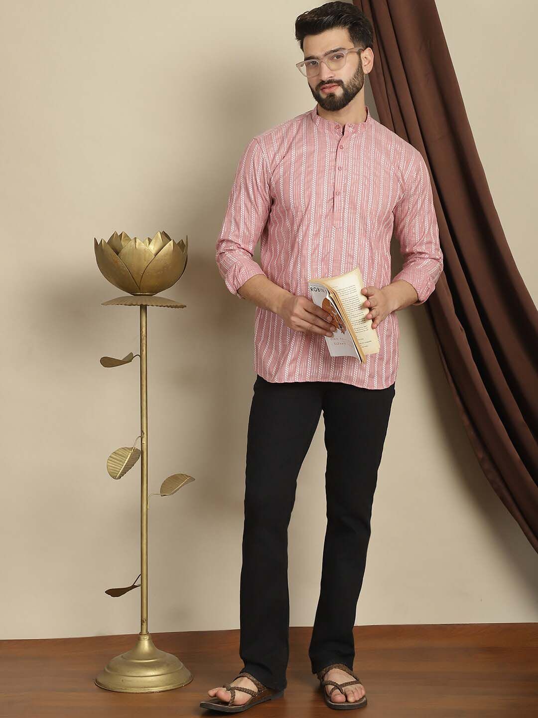 Anouk Striped Mandarin Collar Long Sleeves Thread Work Cotton Short Kurta