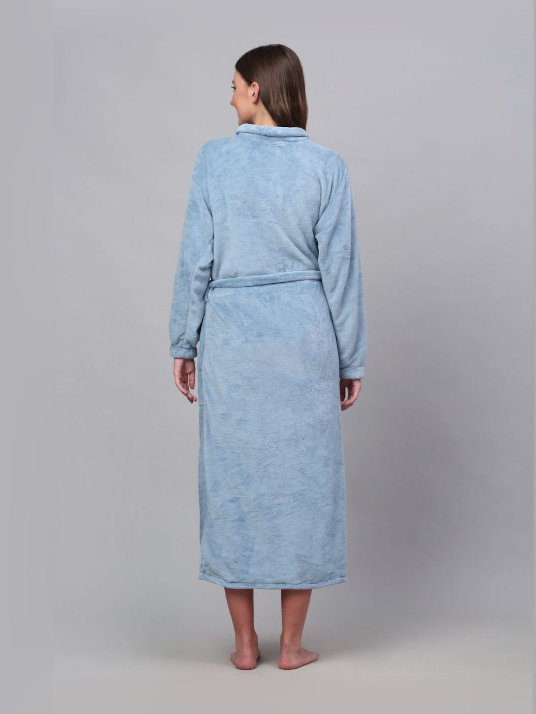 KLOTTHE Blue Shirt Collar Woollen Bath Robe With Belt