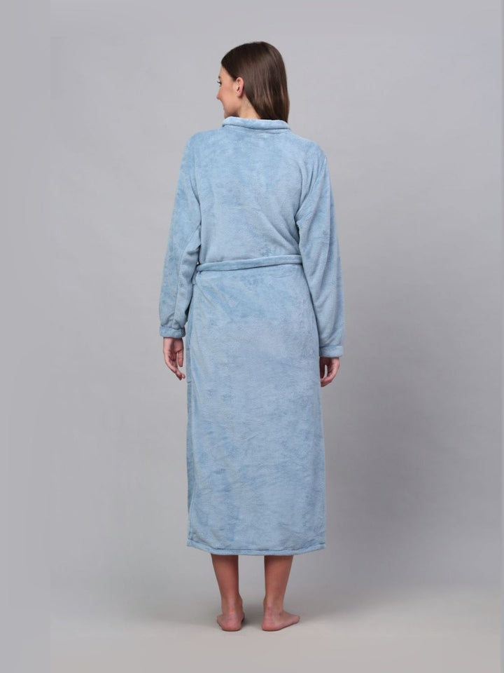 KLOTTHE Blue Shirt Collar Woollen Bath Robe With Belt