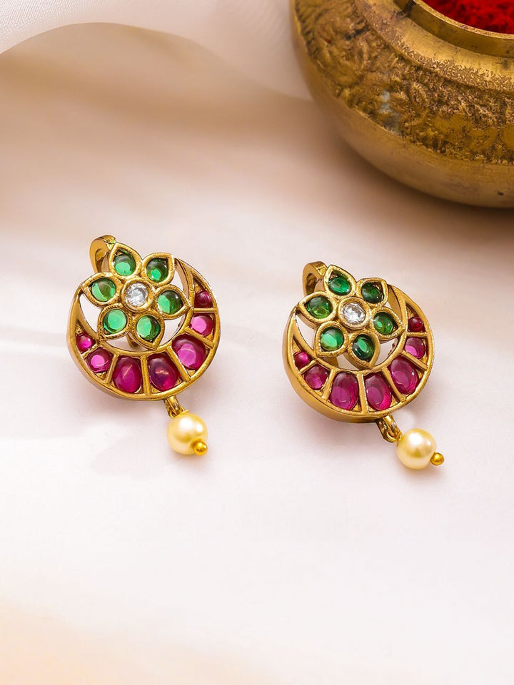 Rubans 22k Gold-Plated Stones Stone & Pearls Beaded Floral Shaped Drop anting-anting