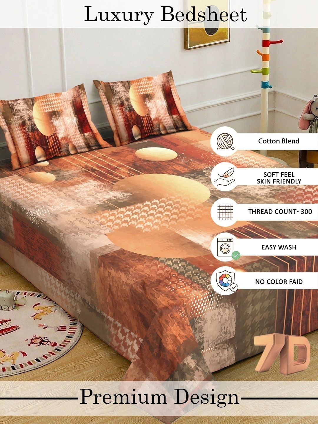 KLOTTHE Brown & Grey Geometric 300 TC King Bedsheet with 2 Pillow Covers