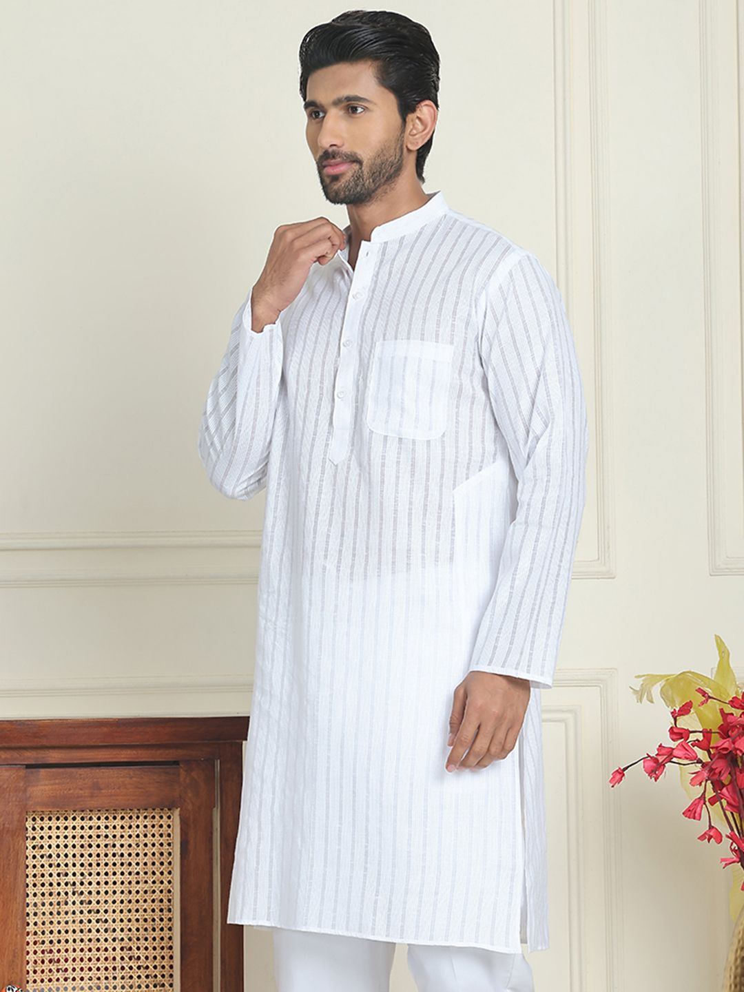 Jompers Striped Mandarin Collar Pure Cotton Straight Kurtas