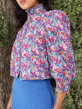 DressBerry Floral Print High Neck Smocked Puffed Shirt Style Top