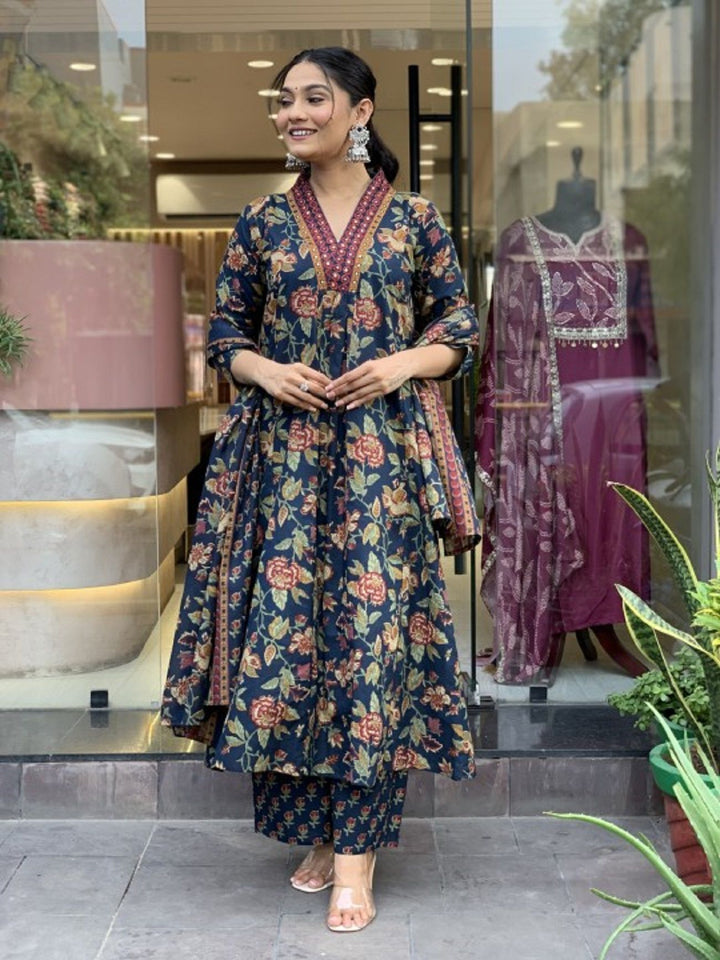KALINI Floral Printed V-Neck Pleated A-Line Kurta With Trouser And Dupatta
