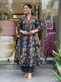 KALINI Floral Printed V-Neck Pleated A-Line Kurta With Trouser And Dupatta