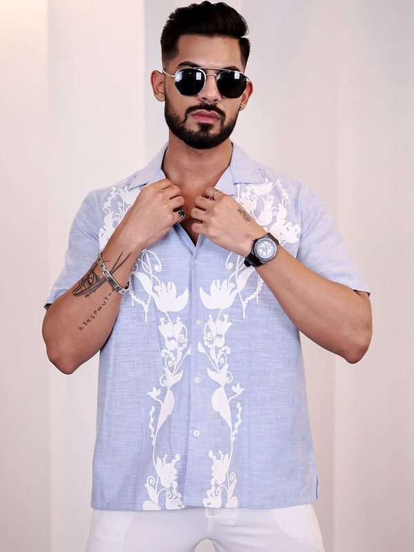Eszett Floral Printed Lengan Pendek Spread Collar Kapas Tulen Baju Kasual Fit Biasa