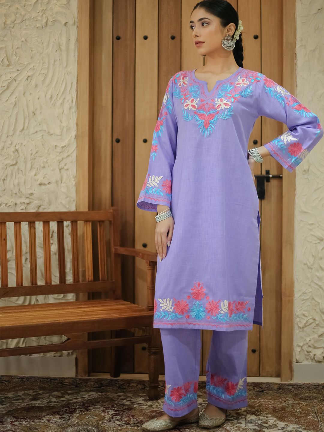 HOUSE OF KARI Flora Embroidered Thread Work Falak Kashmiri Straight Kurta With Trousers