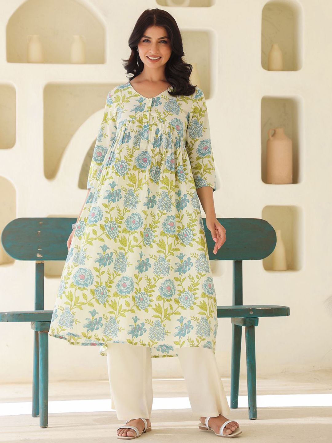 Janasya Women's Off White Pure Cotton Floral Printed A-line Maternity Kurta
