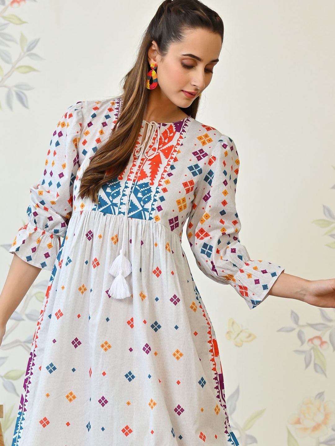Rustorange Women Ethnic Motif Print Round Neck A-Line Cotton Midi Dress