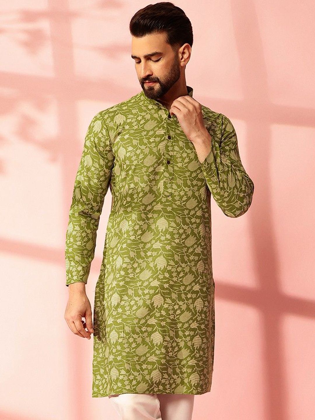Anouk Floral Printed Band Collar Cotton Linen Straight Kurta