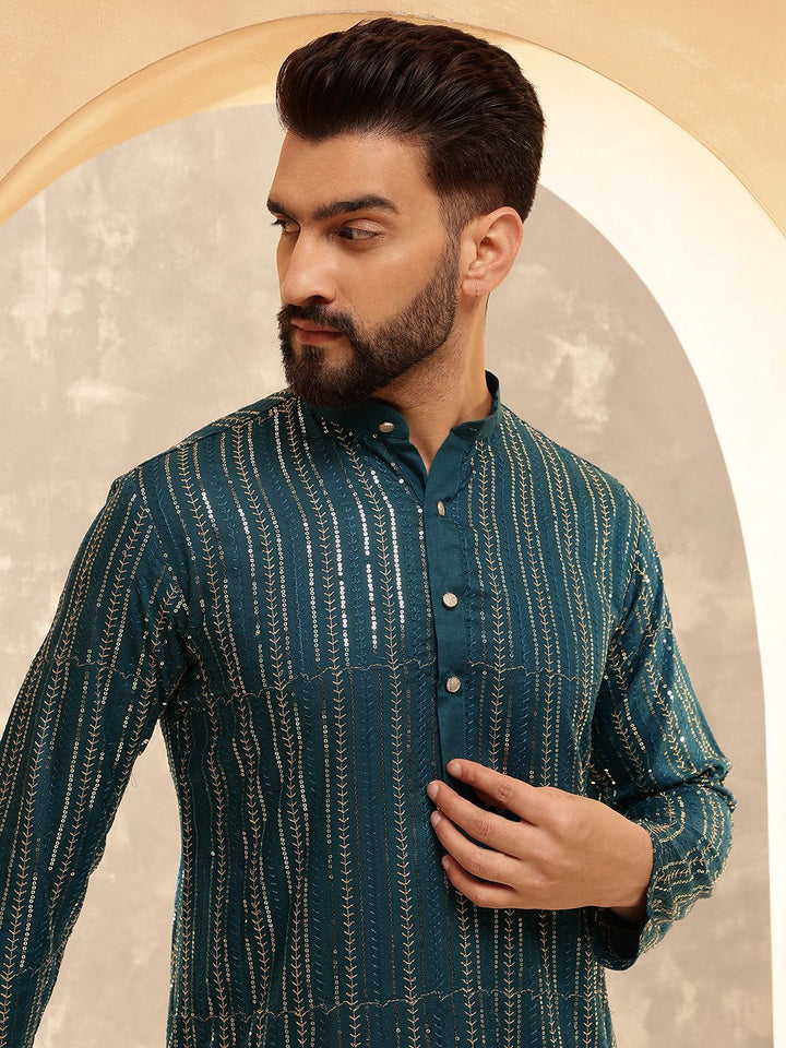 Anouk Blue Striped Embroidered Sequinned Mandarin Collar Pure Cotton Kurta With Pyjama