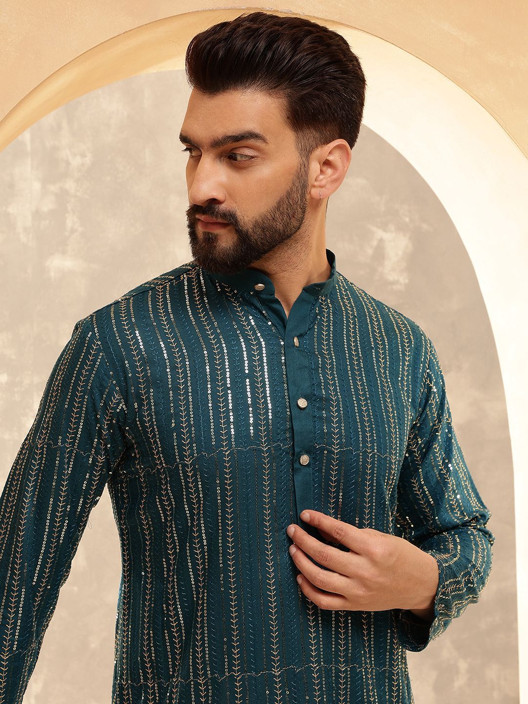 Anouk Blue Striped Embroidered Sequinned Mandarin Collar Pure Cotton Kurta With Pyjama