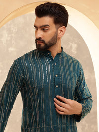 Anouk Blue Striped Embroidered Sequinned Mandarin Collar Pure Cotton Kurta With Pyjama