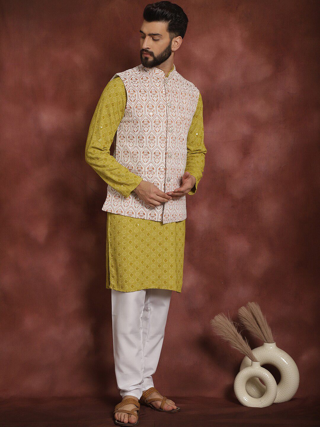 Anouk Mandarin Collar Geometic Embroidered Kurta With Churidar & Nehru Jacket
