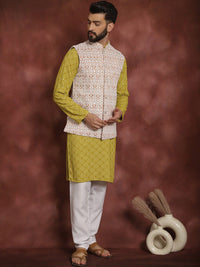 Anouk Mandarin Collar Geometic Embroidered Kurta With Churidar & Nehru Jacket
