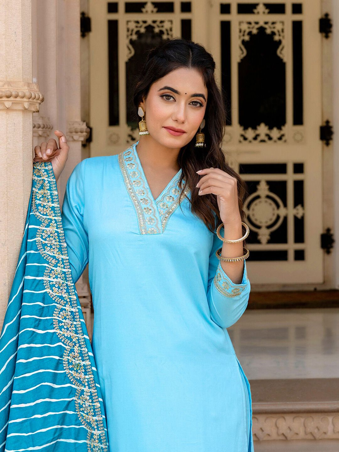 KALINI Floral Yoke Design Kurta With Trousers & Dupatta