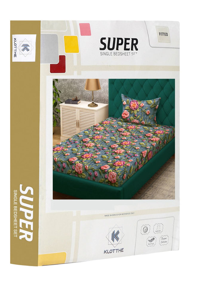 KLOTTHE Turquoise Blue Floral Printed Dilengkapi 300 TC Single Cadar 7D Dengan 2 Sarung Bantal
