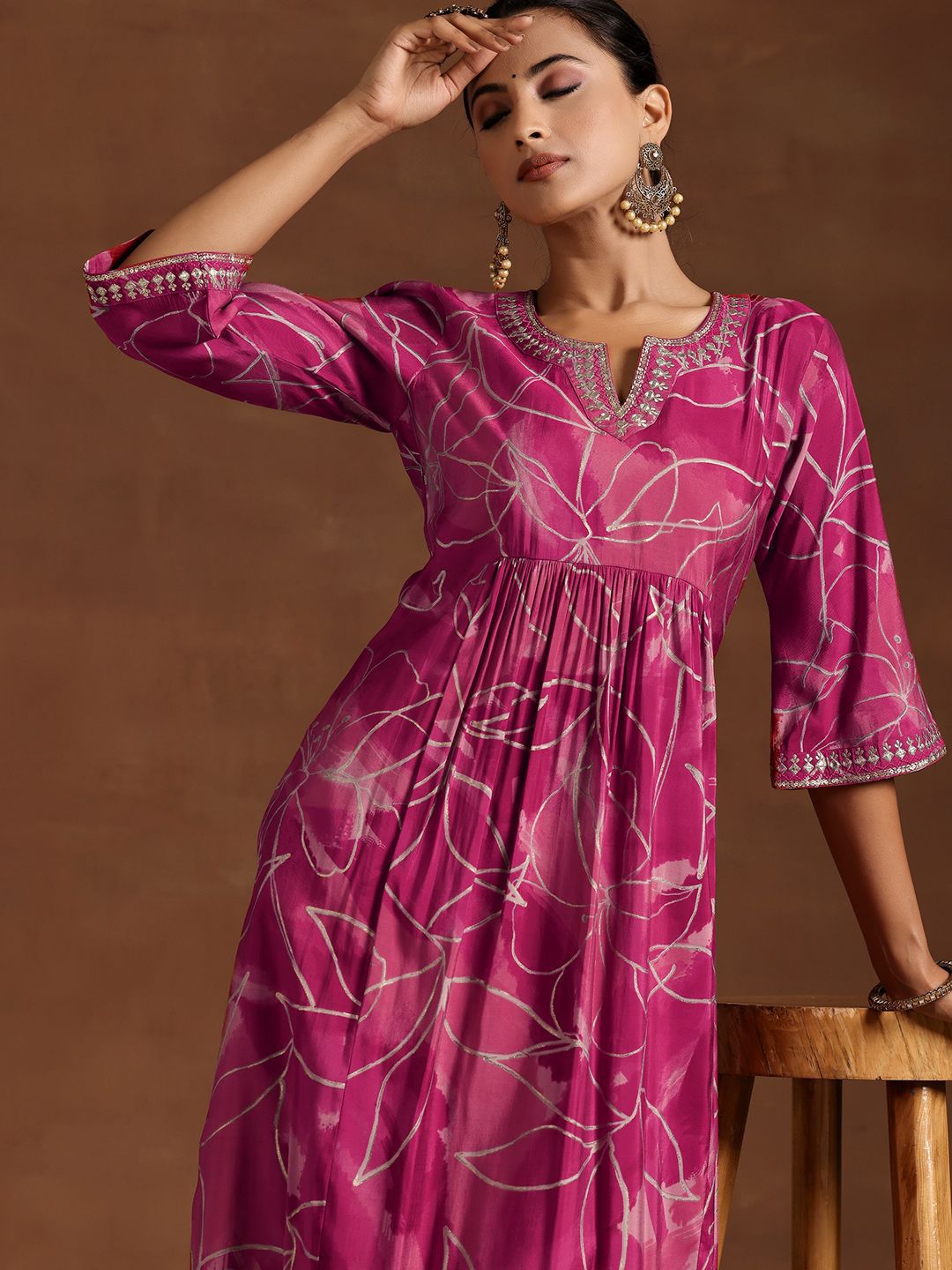 Libas Floral Printed Notch Neck Sequinned A-Line Kurta