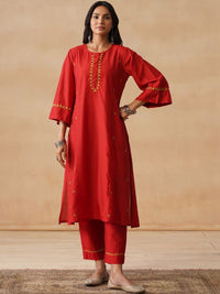 House of Chikankari Floral Sulam Chanderi Cotton Kurta dengan Set Seluar