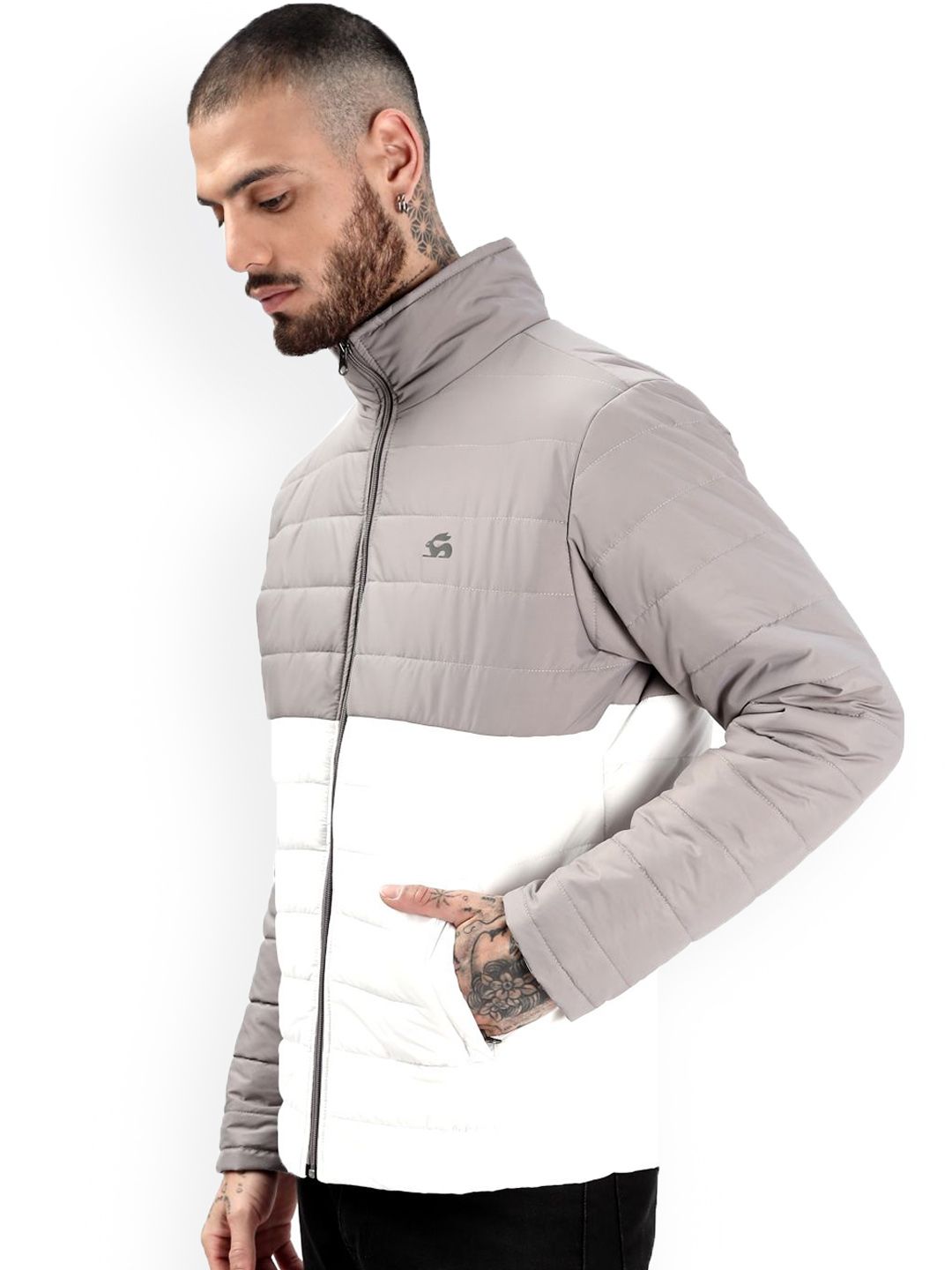 ADRO Men Colourblocked Windcheater Bomber dengan Jaket Patchwork