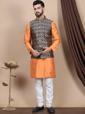 Anouk Geometric Woven Design Regular Straight Kurta With Churidar & Nehru Jacket