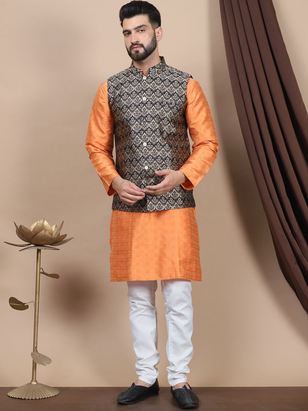 Anouk Geometric Woven Design Regular Straight Kurta With Churidar & Nehru Jacket