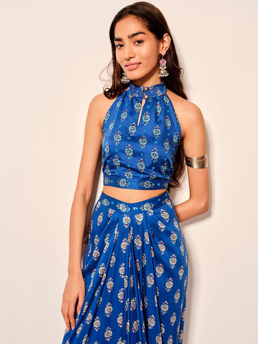 Global Desi Printed Round Neck Top & Skirt