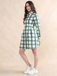 RAREISM Checked Printed Cotton Shirt Collar A-Line Dress