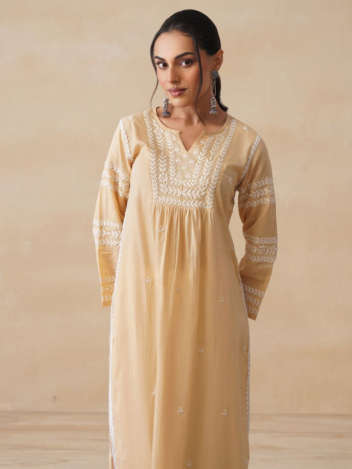 House of Chikankari Women Beige Cotton Chikankari Embroidered Kurta