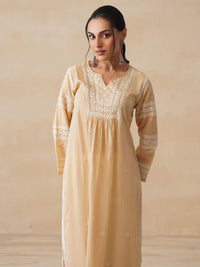House of Chikankari Women Beige Cotton Chikankari Embroidered Kurta