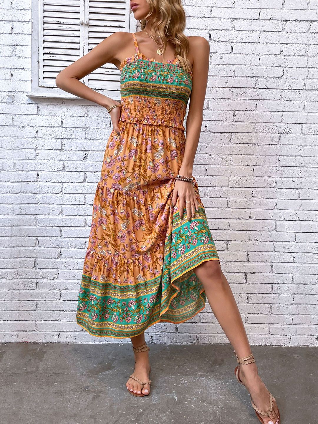 DressBerry Floral Print Smocked Tiered Maxi Dress