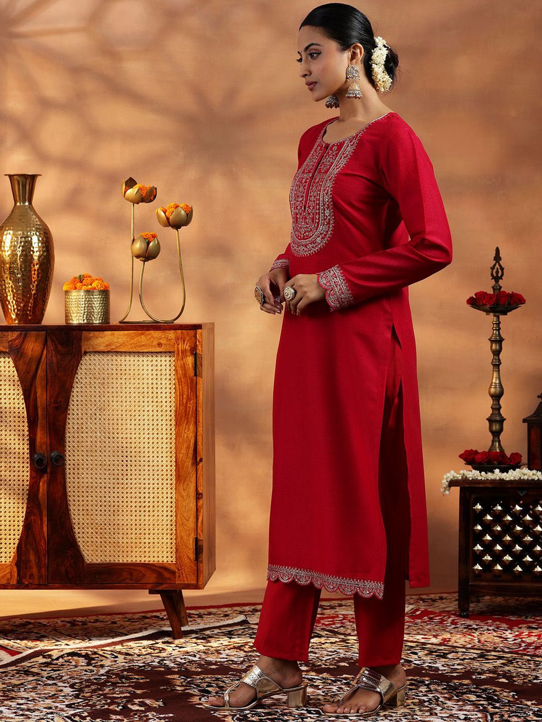 Libas Floral Embroidered Sequinned Dobby Weave Straight Kurta With Trousers & Dupatta