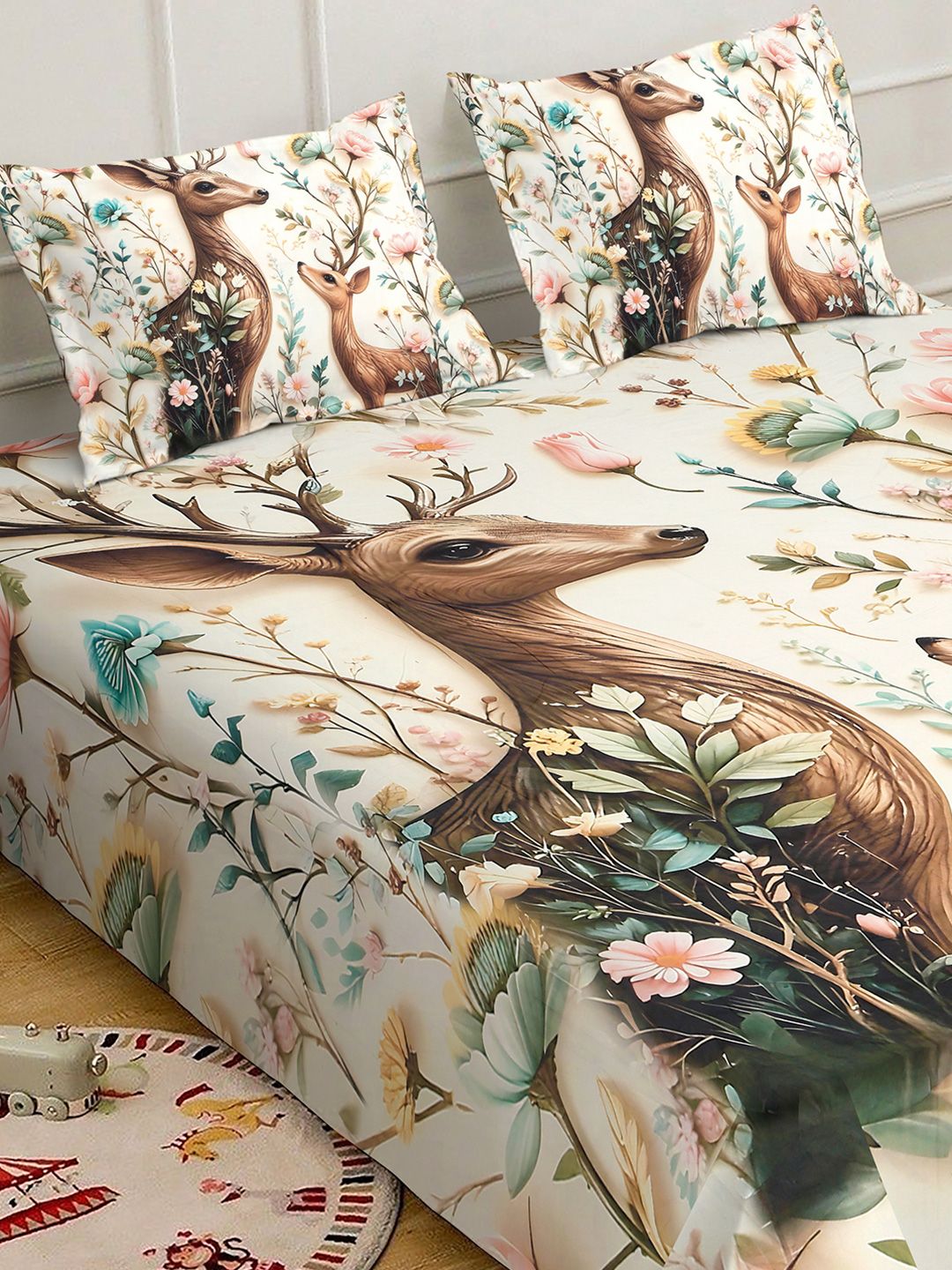 Cream Coloured Animal Printed Fitted 7D 400 TC Double King Bedsheet With 2 Pillow Cover