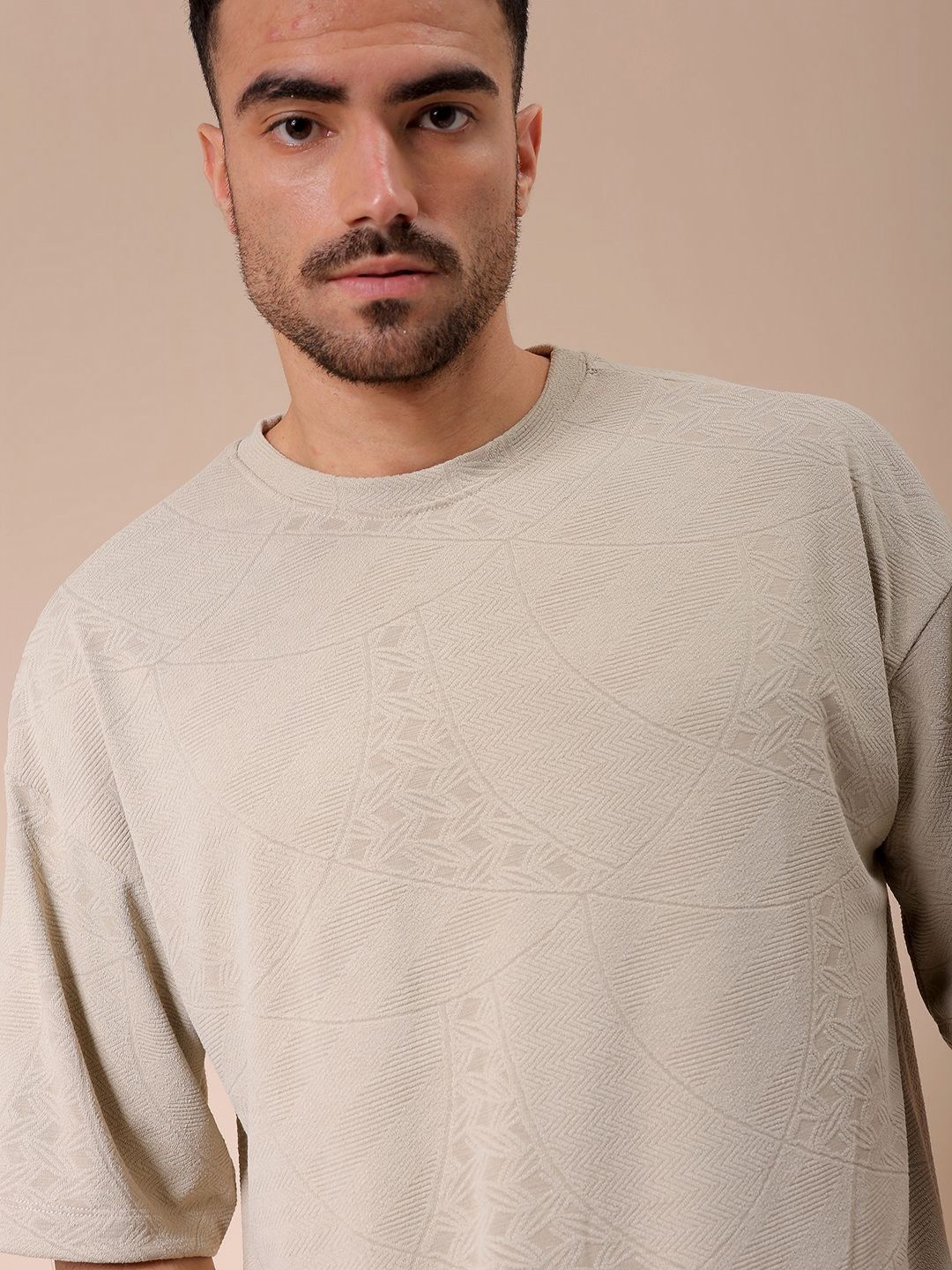 The Indian Garage Co Men Self Design Round Neck Oversized T-shirt