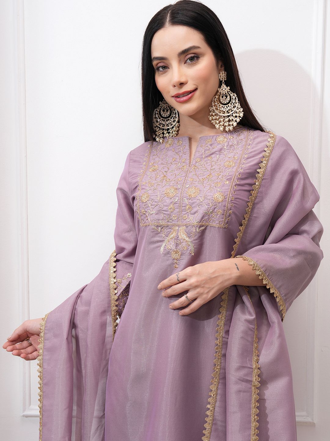 Vishudh Women Ethnic Motifs Embroidered Regular Kurta with Trousers & With Dupatta