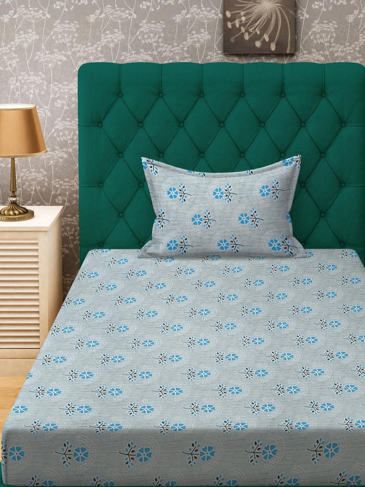 KLOTTHE Blue Floral Cotton Single Bedsheets