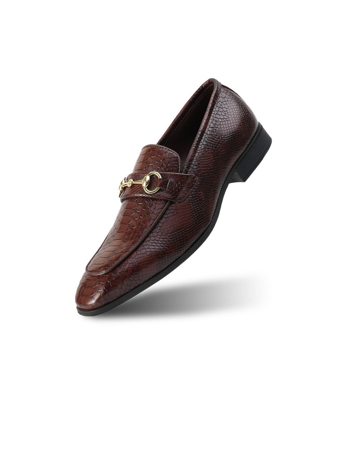 MONKSTORY Men Brown Horsebit Snake-Effect Textured Loafers