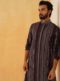 SOJANYA LUXE Striped Embroidered Sequinned Georgette Straight Kurta With Trousers