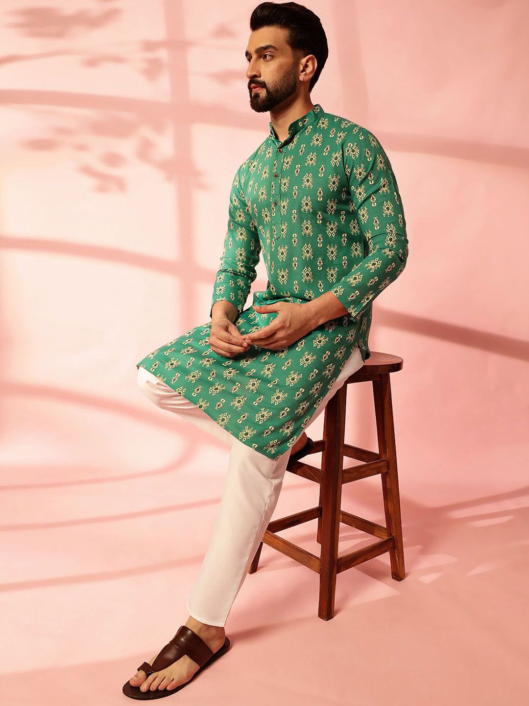 Anouk Ethnic Motifs Printed Band Collar Ikat Technique Straight Cotton Linen Kurta