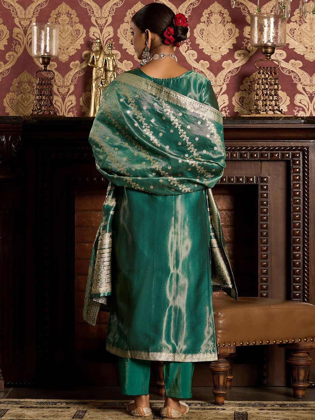 Indo Era Ethnic Motifs Woven Design Zari Straight Kurta With Trousers & Dupatta